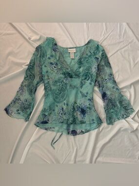 90s Worthington Teal Green Floral Paisley Wrap Blouse